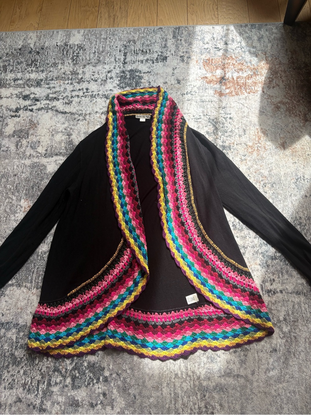 Black Open-Front Sweater with Multicolor Crochet Trim